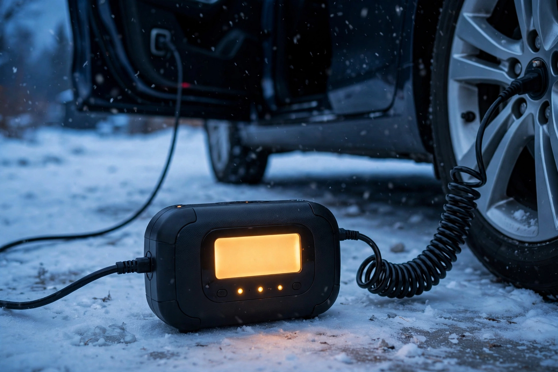 Portable digital tire inflator with glowing display connected to a car tire in a snowy driveway at dusk