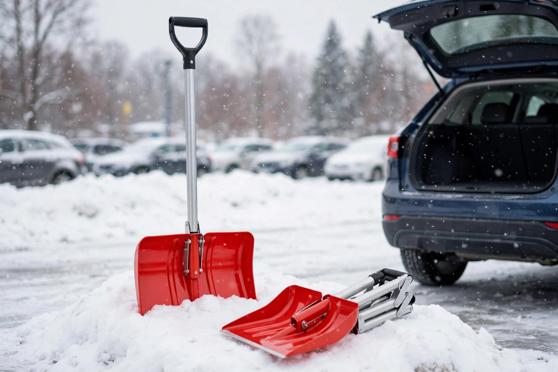 Red folding snow shovel shown extended and folded beside an open car trunk in falling snow