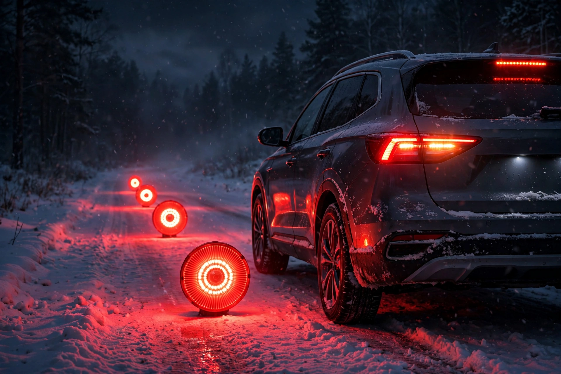 Glowing red LED road flares on a snow-covered road behind a car with hazard lights at night