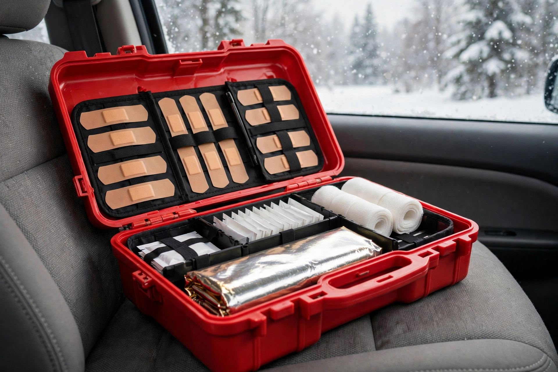 Open red hard-shell car first aid kit with organized bandages, antiseptics and emergency blanket on a car seat