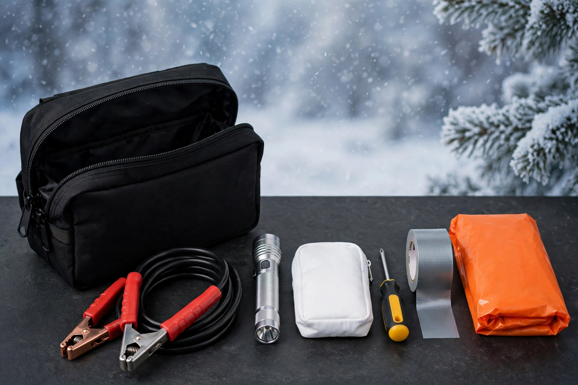 Lifeline AAA 42-piece emergency road kit bag with jumper cables, flashlight and first aid contents laid out
