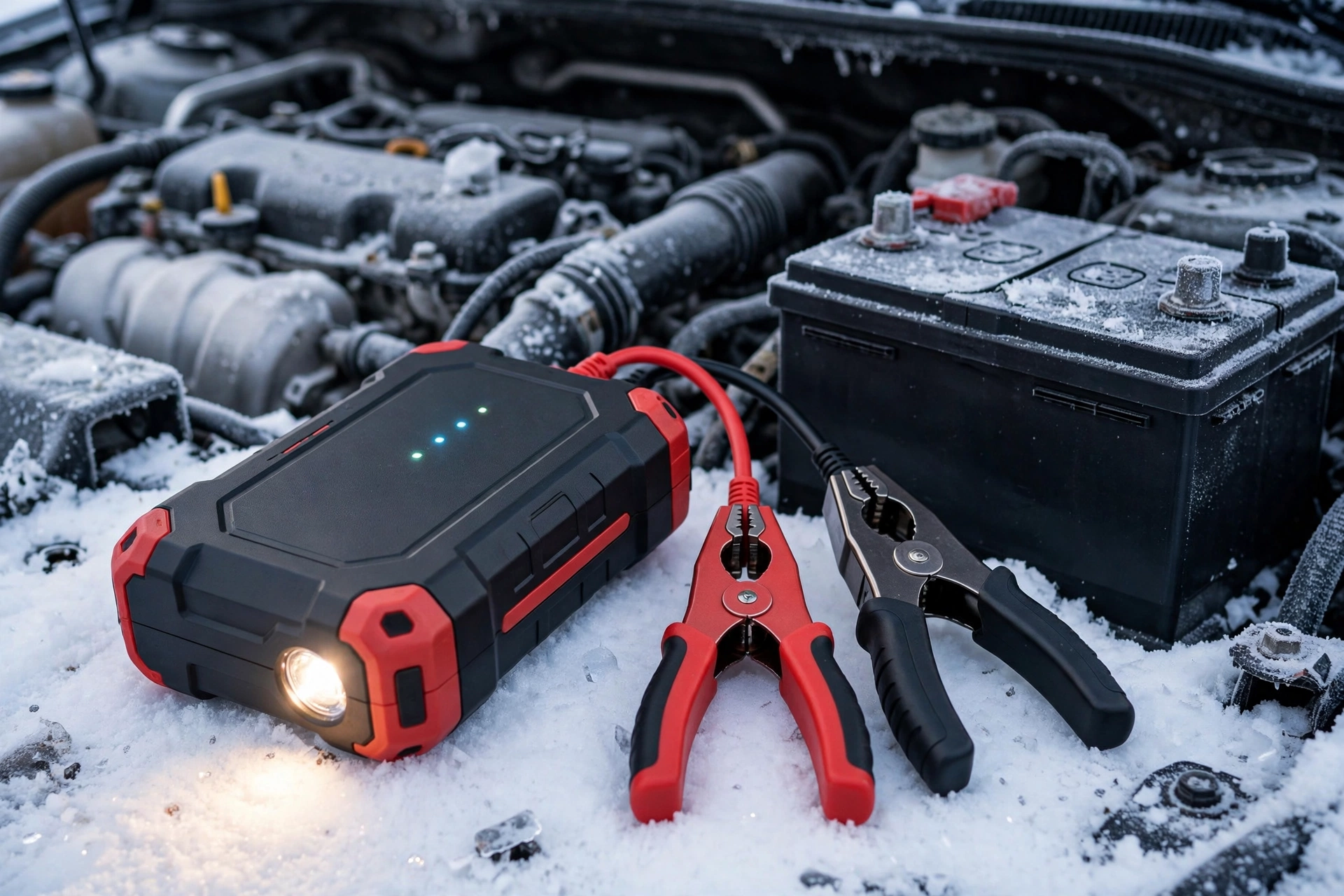 NOCO Boost Plus GB40 portable lithium jump starter with jumper clamps beside a car battery in snow