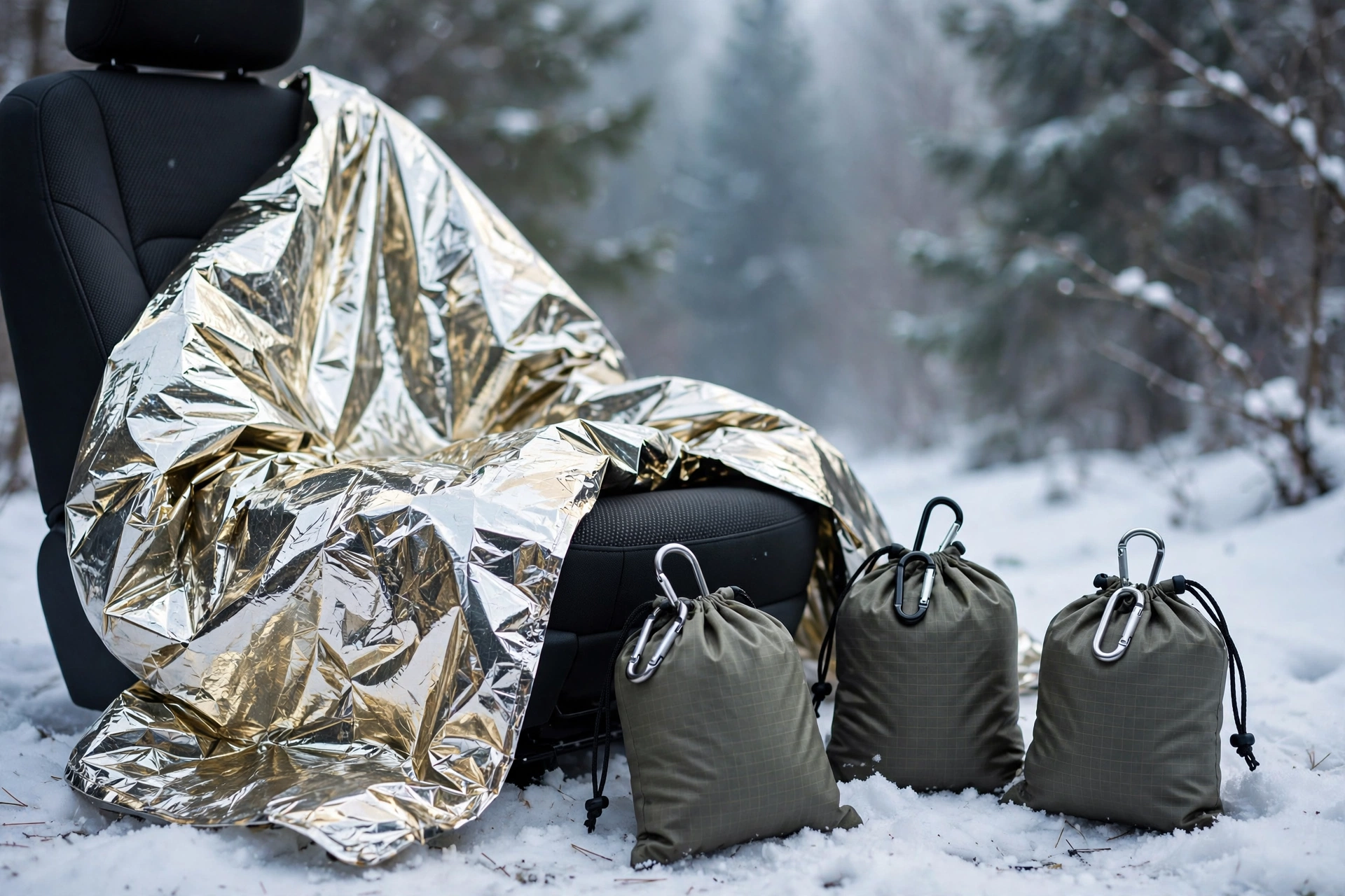 Silver-gold emergency thermal mylar blankets with ripstop stuff sacks and carabiner on snow