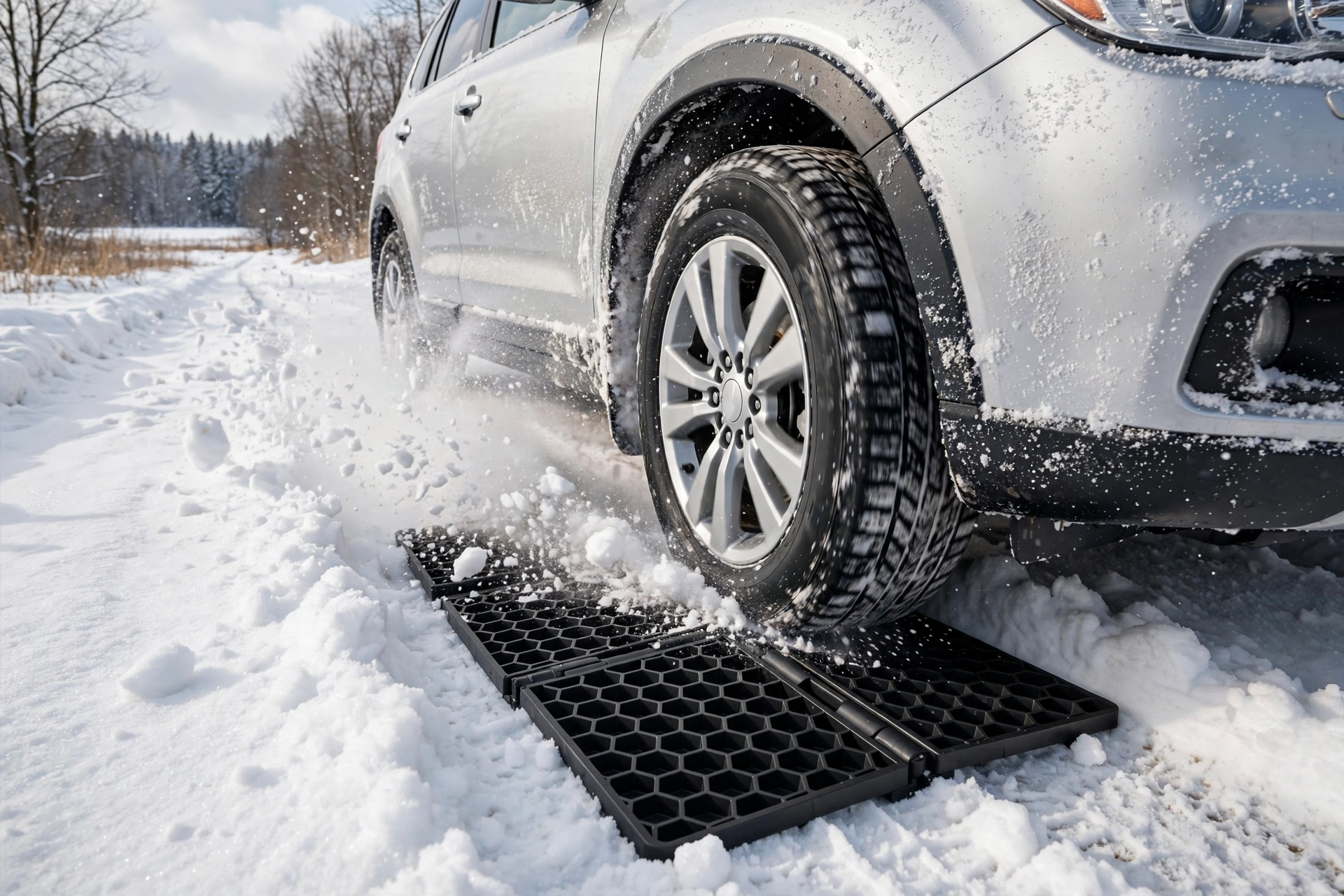 Foldable tire traction mats with honeycomb grip wedged under a car tire stuck in snow