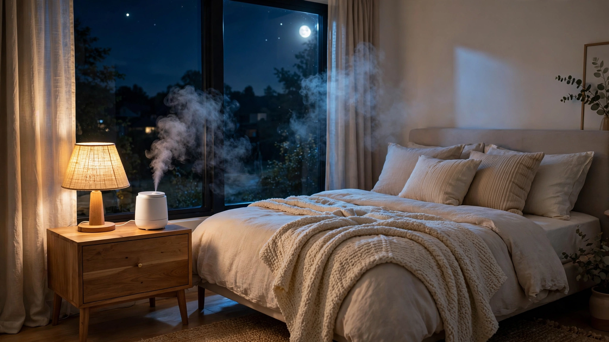 Cool-mist humidifier releasing gentle mist on a nightstand in a cozy bedroom at night