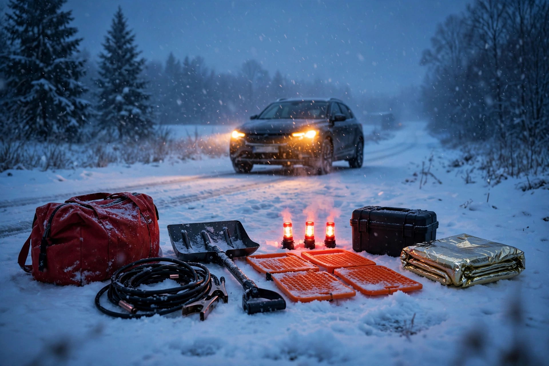Winter car emergency kit laid out on snow beside a car with headlights on during a snowstorm at dusk